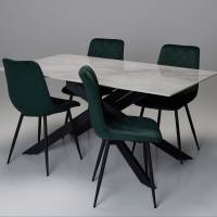Cassis & Bari Dining Set - 1.6m Pacific Grey Stone Dining Table with 4 Forest Green Velvet Dining Chairs
