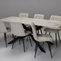 Cassis & Enza 6 Seater Dining Set - 2m Calacatta Gold Stone Dining Table with 6 Oatmeal Linen Dining Chairs