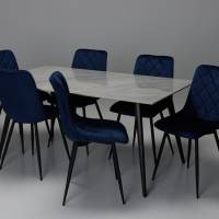 Immi & Bari 6 Seater Dining Set - 1.6m Pacific Grey Stone Dining Table with 6 Blue Mottled Velvet Dining Chairs