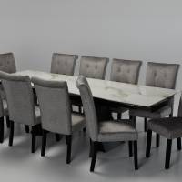 Florence & Cabrini 10 Seater Dining Set - 1.8m/2.6m Calacatta Gold Stone Extendable Dining Table with 10 Grey Linen Dining Chairs