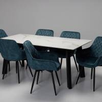 Rocco & Venice Dining Set - 1.8m Calacatta Gold Stone Dining Table with 6 Dusk Teal Velvet 360° Swivel Dining Chairs