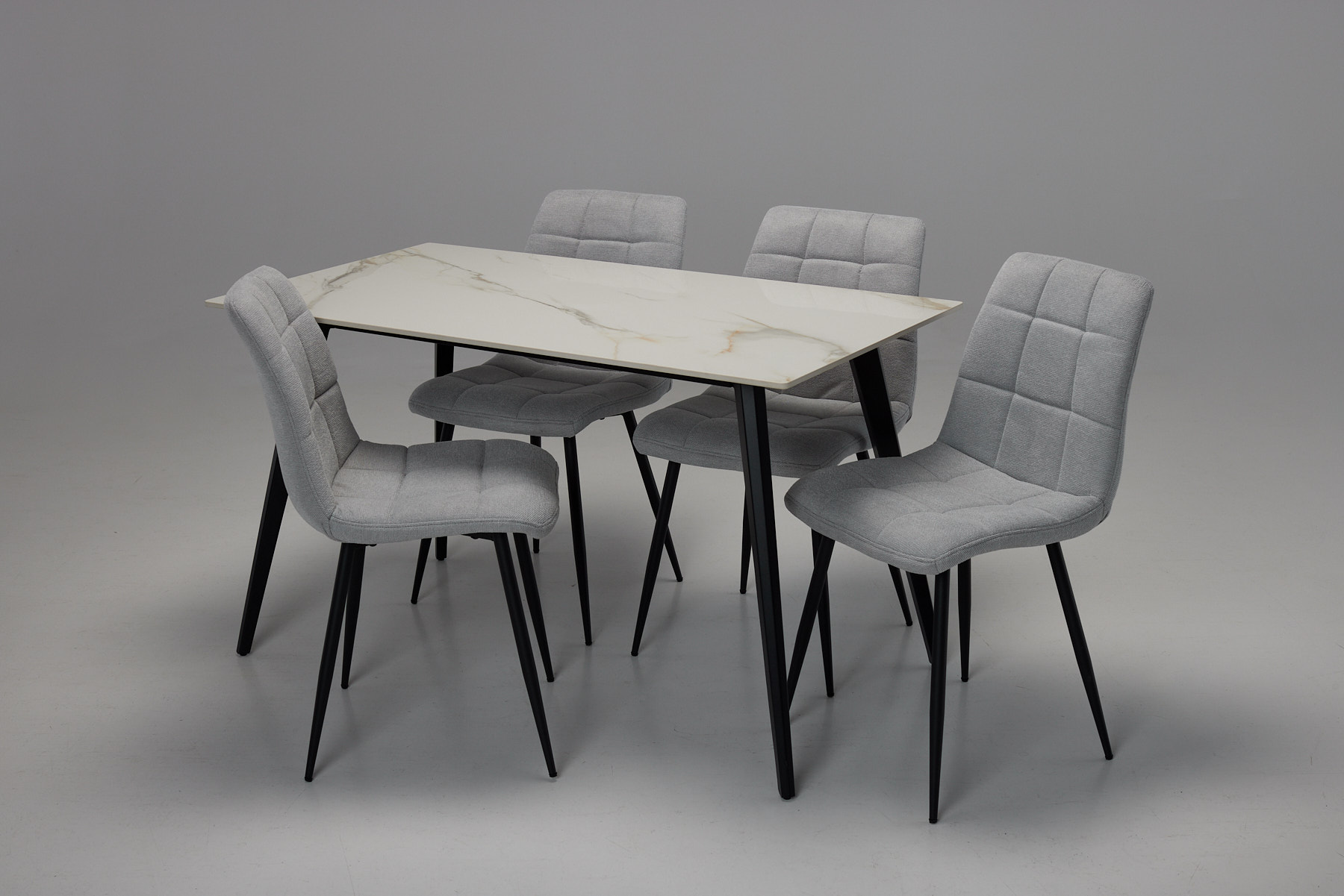 Immi & Enza Dining Set - 1.3m Calacatta Gold Stone Dining Table with 4 Silver Linen Dining Chairs
