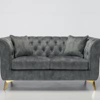 Lauren - 2 Seater Chesterfield Sofa, Grey Mottled Velvet with Gold Legs