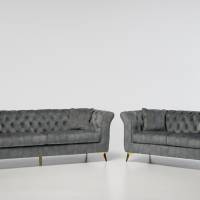 Lauren - 2 Seater Chesterfield Sofa, Grey Mottled Velvet with Gold Legs