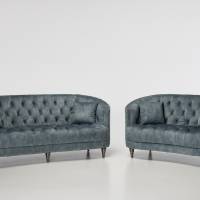 Olivia - Modern Chesterfield Sofa Set, Ocean Blue Mottled Velvet