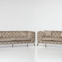 Annabelle - Luxury Chesterfield Sofa Set, Mink Velvet with Silver Legs